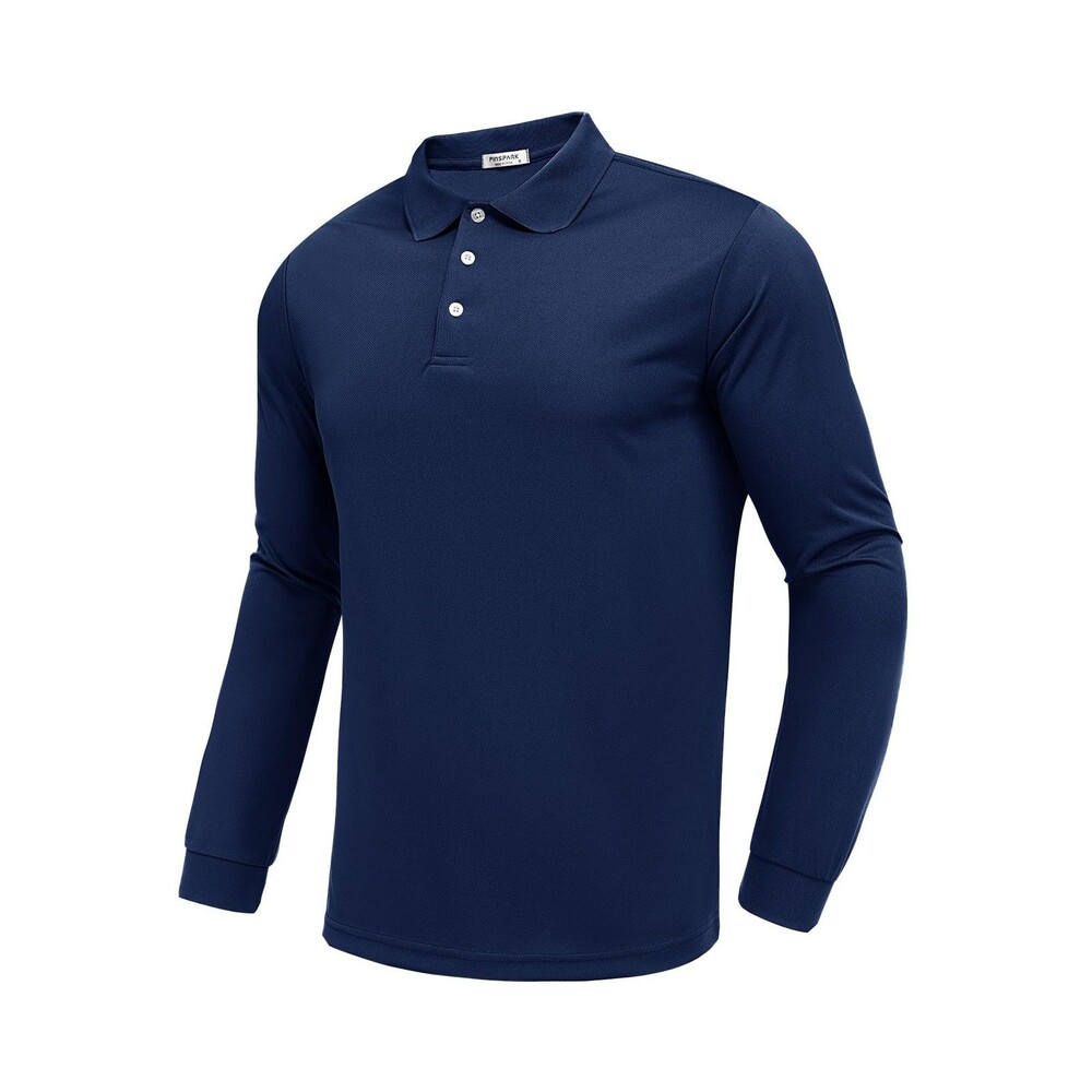 PINSPARK Men's Long Sleeve Golf Polo Shirt Moisture Wicking Quick Dry Navy